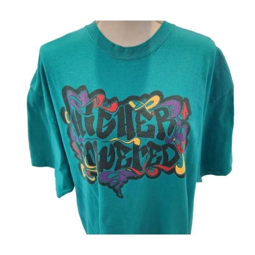 Y2K Teal Green Higher Power Graphic Tshirt XL Christian God Jesus Religion AA